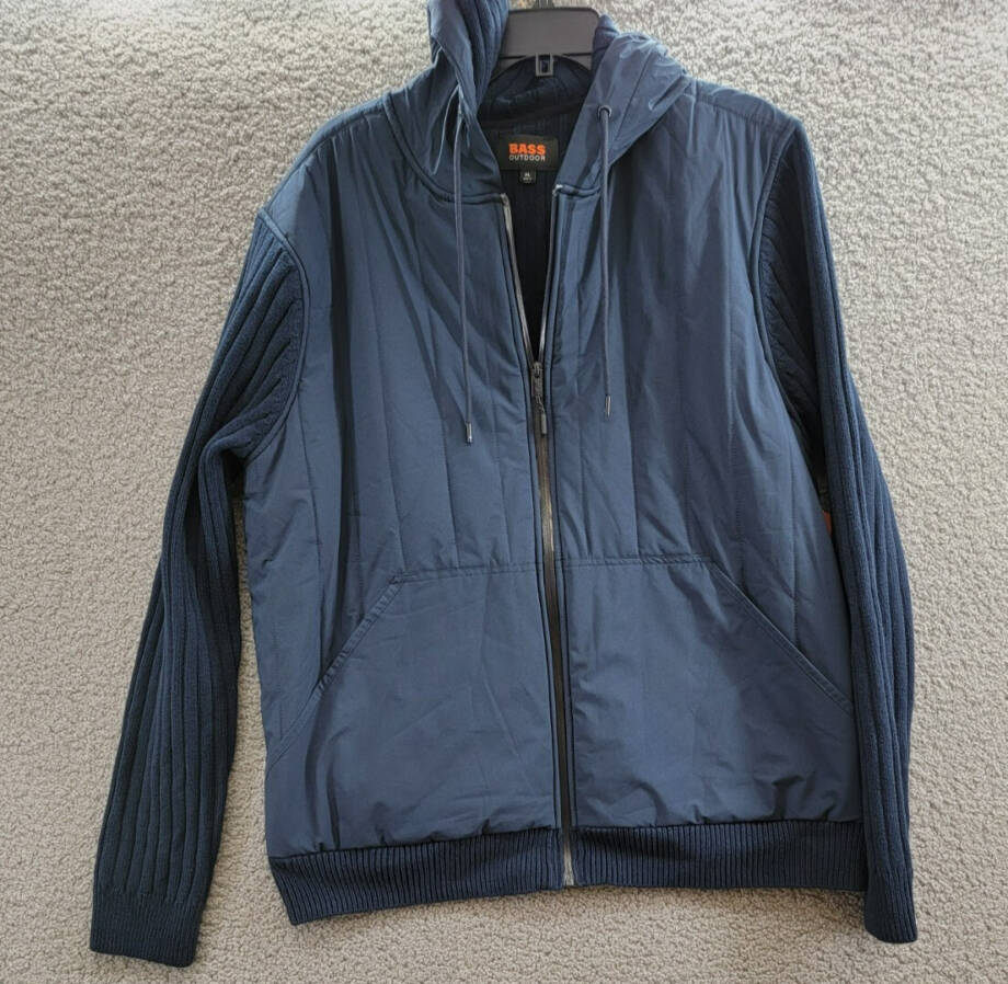 BASS OUTDOOR Mixed Media Zip-Front Hooded Sweater Jacket Men's XL Navy Blaze L/S