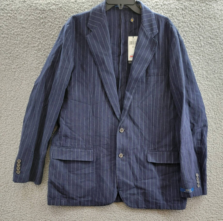 Polo Ralph Lauren Soft Pinstriped Sport Coat Men's 46L Navy Linen Blend Pockets