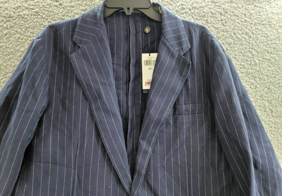 Polo Ralph Lauren Soft Pinstriped Sport Coat Men's 46L Navy Linen Blend Pockets