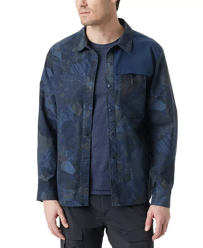 BASS OUTDOOR Ripstop Utility Shacket Men's M Rock Camo/Navy Blazer Button Snap