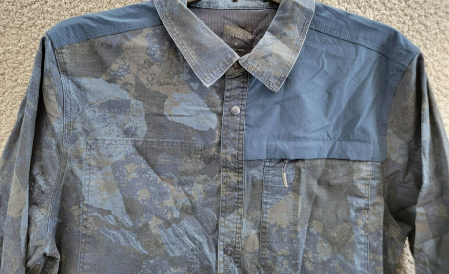 BASS OUTDOOR Ripstop Utility Shacket Men's M Rock Camo/Navy Blazer Button Snap