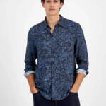 GUESS Paisley Print Long-Sleeve Shirt Men's S Black/Blue Button Front Closure