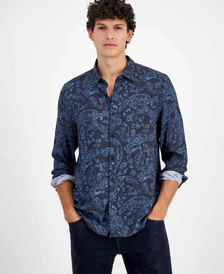 GUESS Paisley Print Long-Sleeve Shirt Men's S Black/Blue Button Front Closure