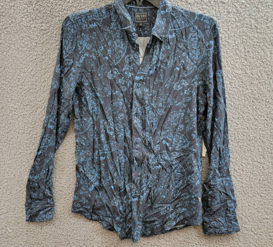 GUESS Paisley Print Long-Sleeve Shirt Men's S Black/Blue Button Front Closure