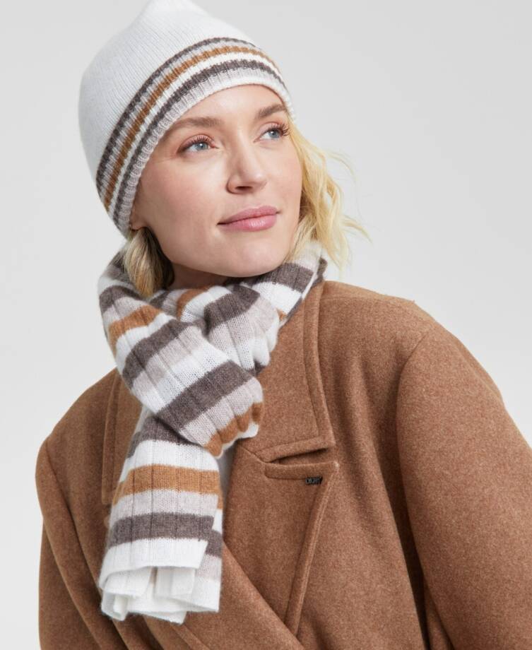 Charter Club Cashmere Stripe Cuffed Beanie Women's One Size Warm Praline