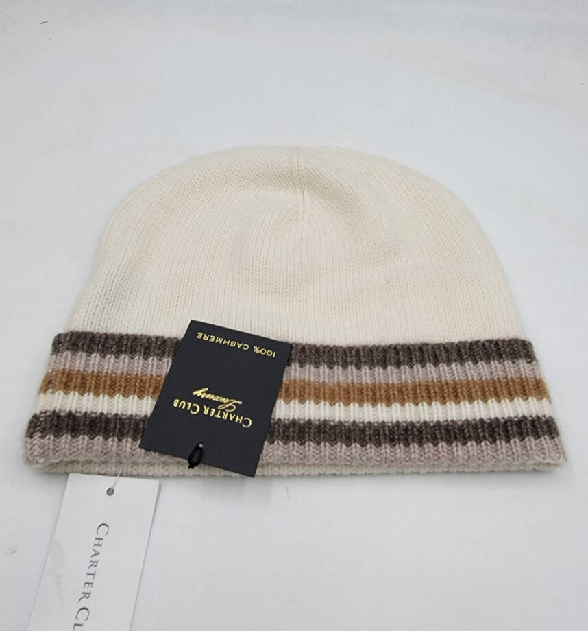 Charter Club Cashmere Stripe Cuffed Beanie Women's One Size Warm Praline