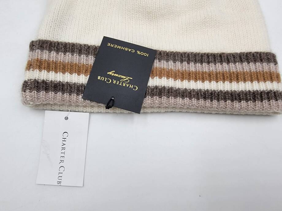 Charter Club Cashmere Stripe Cuffed Beanie Women's One Size Warm Praline
