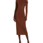 WAYF Everly Midi Dress Women's XS Brown Asymmetric Drape Neck Ruched Pullover