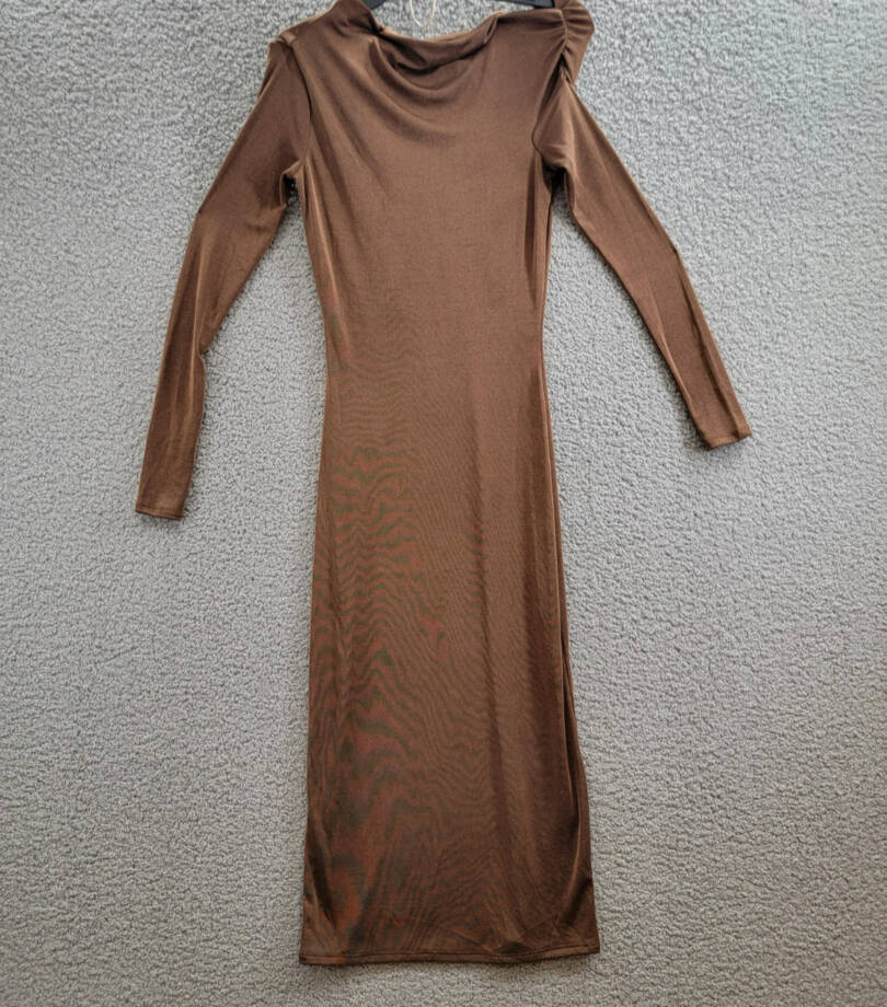 WAYF Everly Midi Dress Women's XS Brown Asymmetric Drape Neck Ruched Pullover