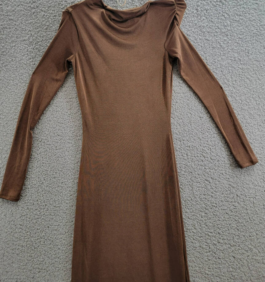 WAYF Everly Midi Dress Women's XS Brown Asymmetric Drape Neck Ruched Pullover