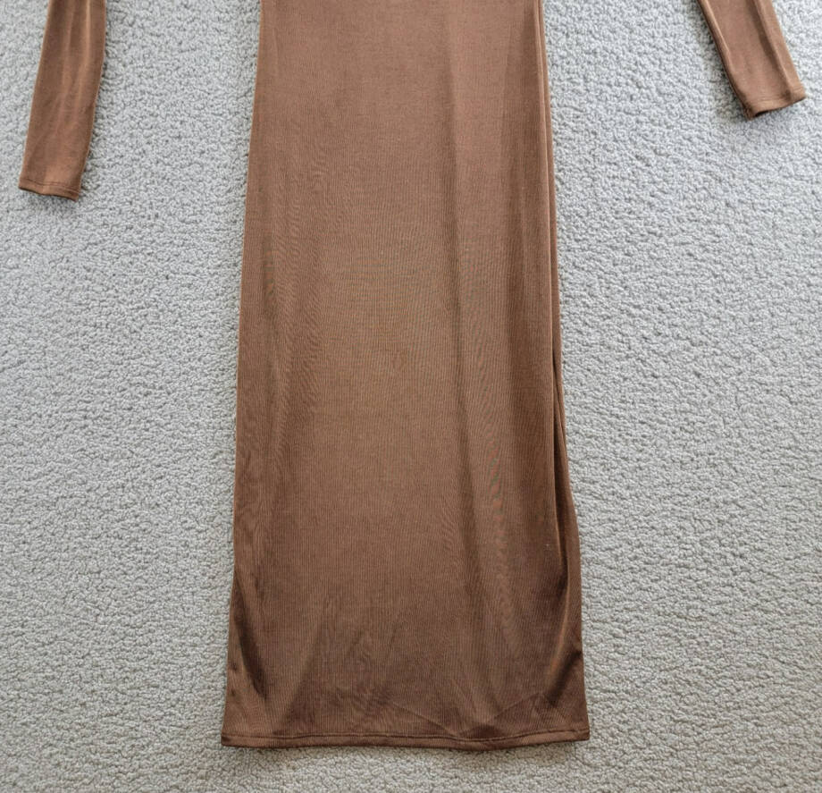 WAYF Everly Midi Dress Women's XS Brown Asymmetric Drape Neck Ruched Pullover
