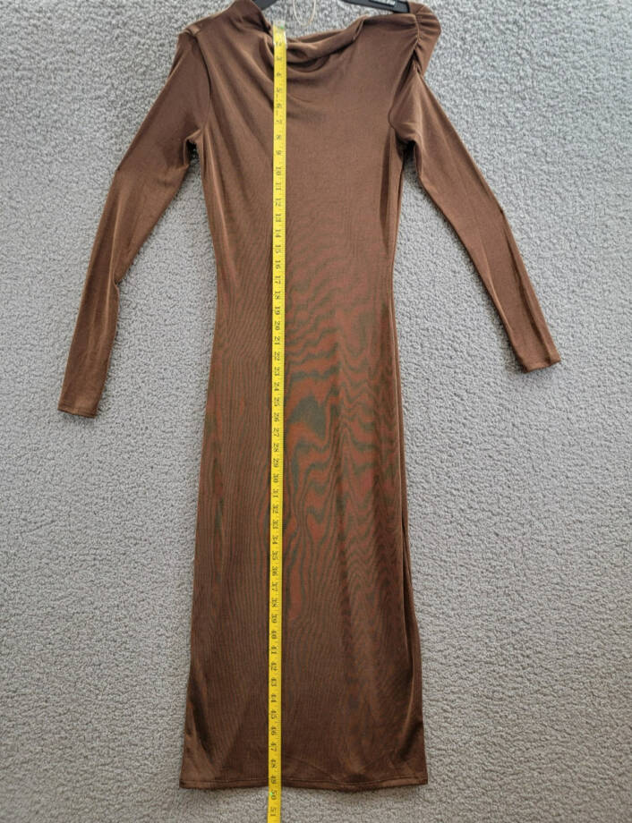 WAYF Everly Midi Dress Women's XS Brown Asymmetric Drape Neck Ruched Pullover