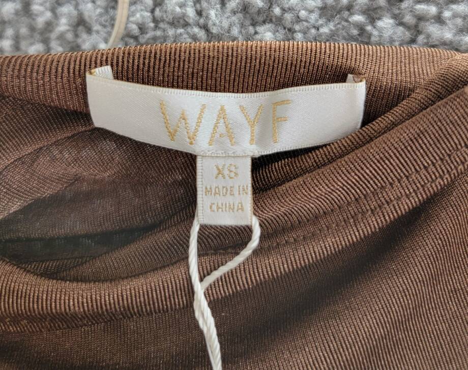 WAYF Everly Midi Dress Women's XS Brown Asymmetric Drape Neck Ruched Pullover