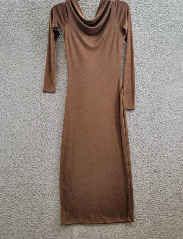 WAYF Everly Midi Dress Women's XS Brown Asymmetric Drape Neck Ruched Pullover