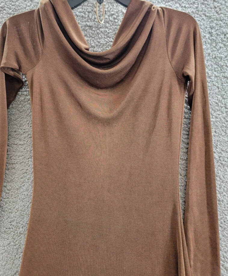 WAYF Everly Midi Dress Women's XS Brown Asymmetric Drape Neck Ruched Pullover