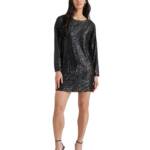Steve Madden Ginger Sequined Mini Shift Dress Women's 4 Black Boat Neck Pullover