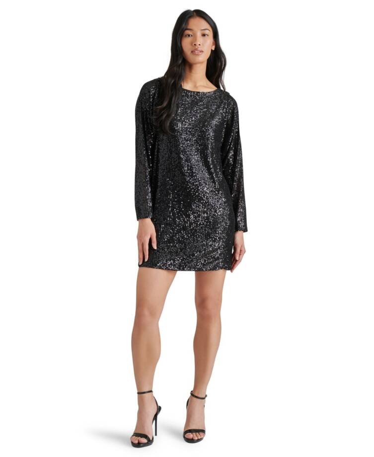 Steve Madden Ginger Sequined Mini Shift Dress Women's 4 Black Boat Neck Pullover