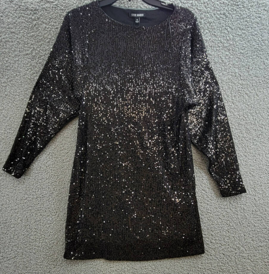 Steve Madden Ginger Sequined Mini Shift Dress Women's 4 Black Boat Neck Pullover