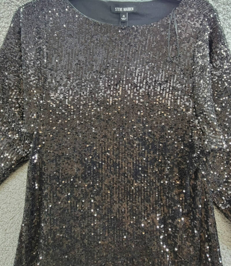 Steve Madden Ginger Sequined Mini Shift Dress Women's 4 Black Boat Neck Pullover