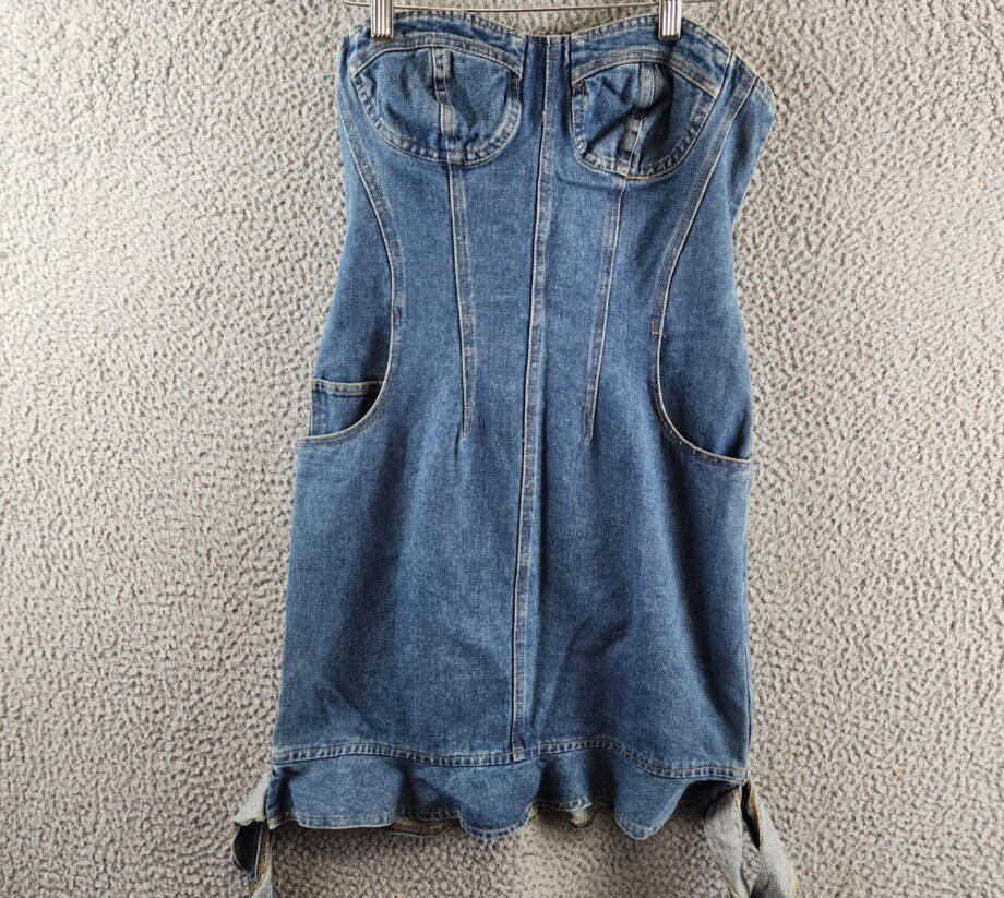 Another Mode Strapless Denim Mini Dress Women's S Blue Sweetheart Neck Back Zip