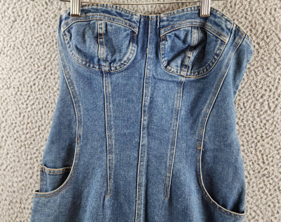 Another Mode Strapless Denim Mini Dress Women's S Blue Sweetheart Neck Back Zip