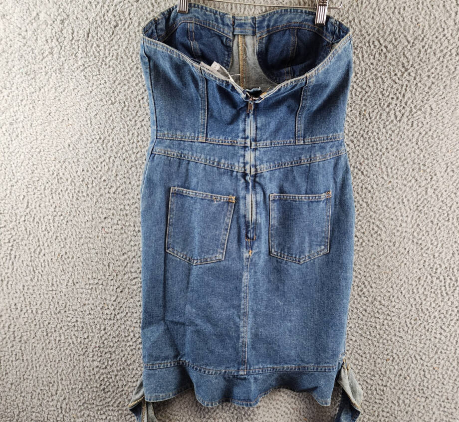 Another Mode Strapless Denim Mini Dress Women's S Blue Sweetheart Neck Back Zip