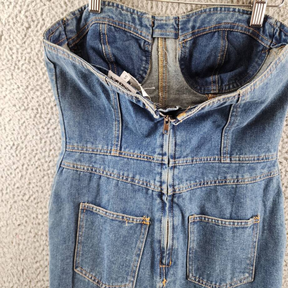 Another Mode Strapless Denim Mini Dress Women's S Blue Sweetheart Neck Back Zip