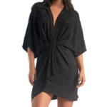 Elan Glitter Gathered Dolman Sleeve Mini Dress Women's XS Black V-Neck Pullover