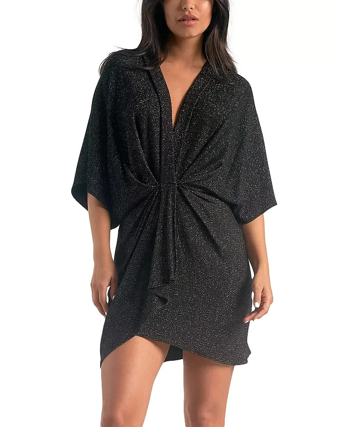 Elan Glitter Gathered Dolman Sleeve Mini Dress Women's XS Black V-Neck Pullover