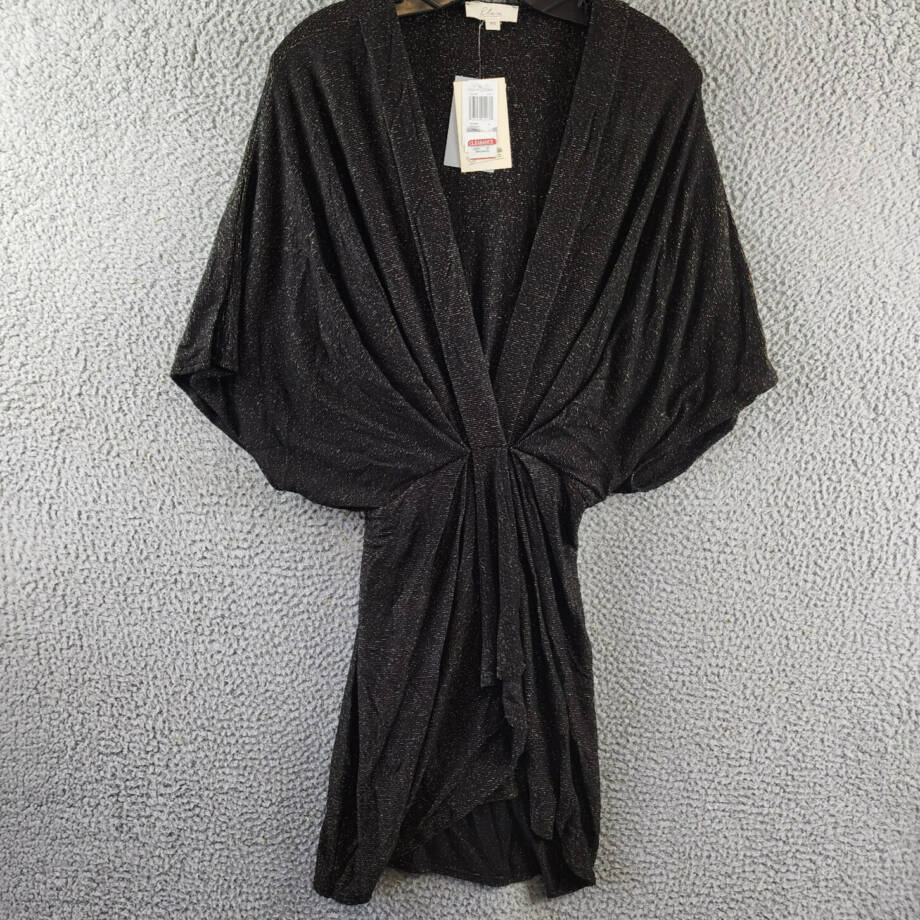 Elan Glitter Gathered Dolman Sleeve Mini Dress Women's XS Black V-Neck Pullover