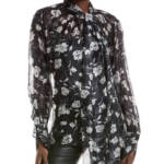 Gracia Chiffon Scarf Neck Blouse Women's S Black/White Floral Button Front L/S