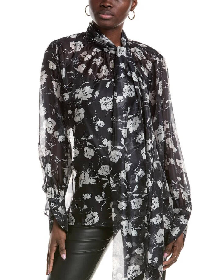 Gracia Chiffon Scarf Neck Blouse Women's S Black/White Floral Button Front L/S