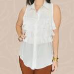 Gracia Ruffle Front Blouse Women's S White Collared Sleeveless Button Closure