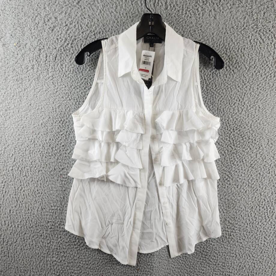 Gracia Ruffle Front Blouse Women's S White Collared Sleeveless Button Closure