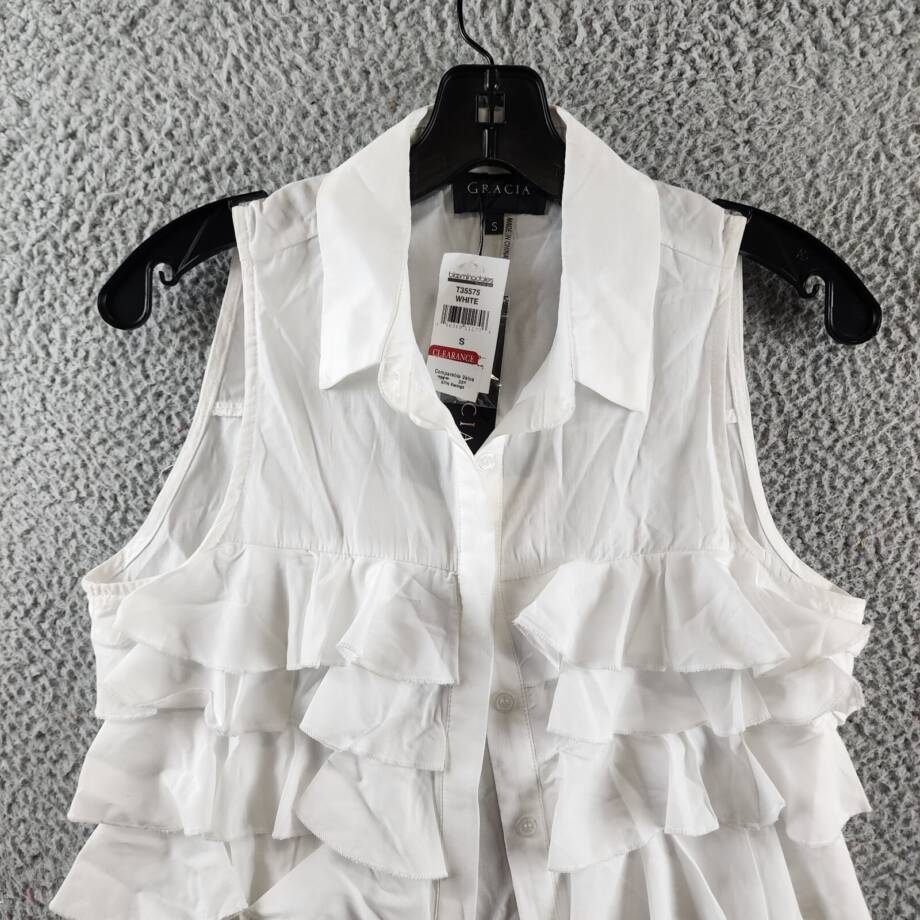 Gracia Ruffle Front Blouse Women's S White Collared Sleeveless Button Closure