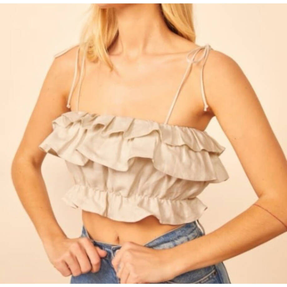 AQUA Tiered Ruffle Linen Blend Cropped Tank Top Women's L Sand Adjustable Strap