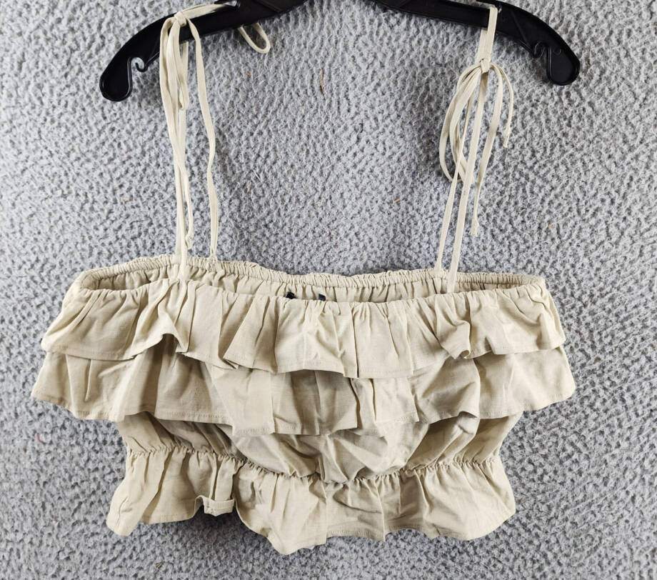 AQUA Tiered Ruffle Linen Blend Cropped Tank Top Women's L Sand Adjustable Strap