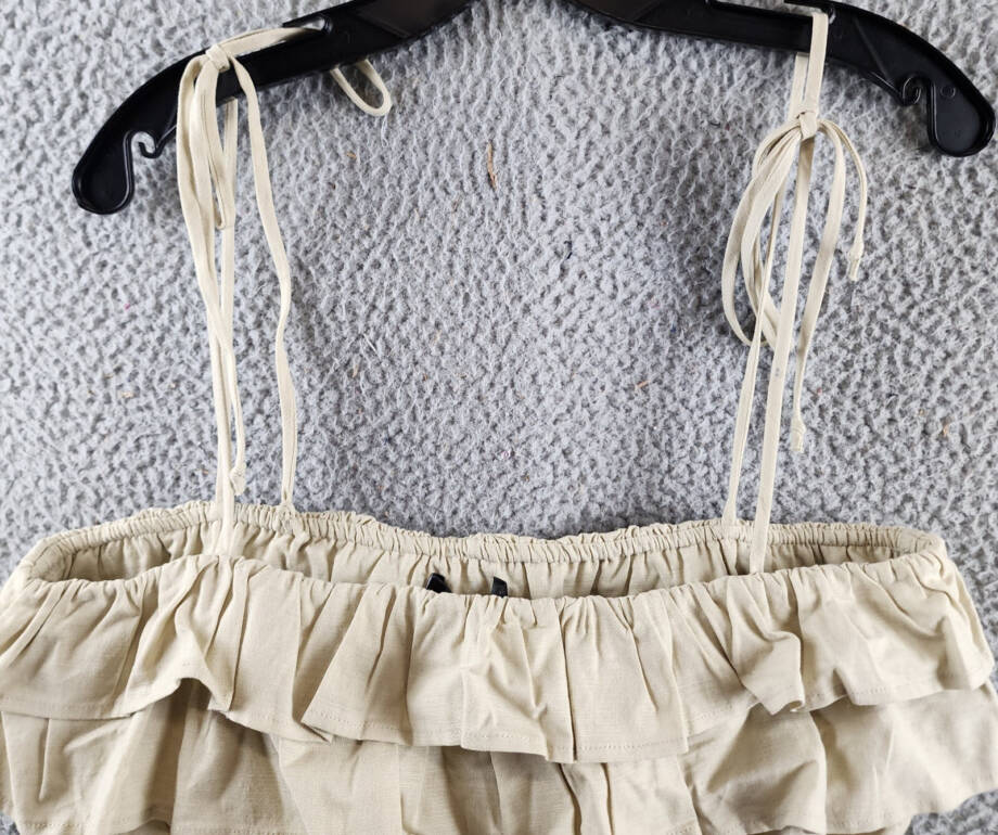 AQUA Tiered Ruffle Linen Blend Cropped Tank Top Women's L Sand Adjustable Strap