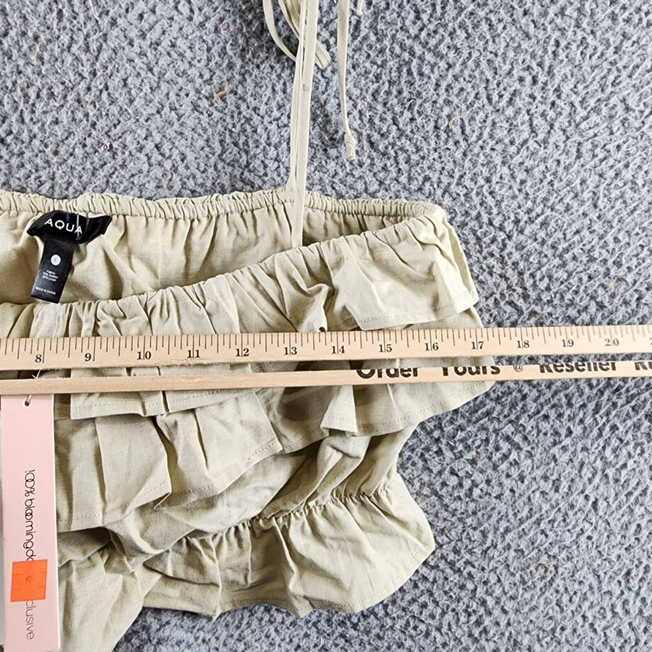 AQUA Tiered Ruffle Linen Blend Cropped Tank Top Women's L Sand Adjustable Strap
