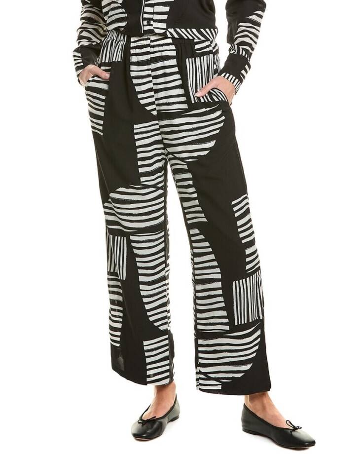 Gracia Mismatch Line Pattern Pajama Pants Women's S Black Elastic Waist Pull On