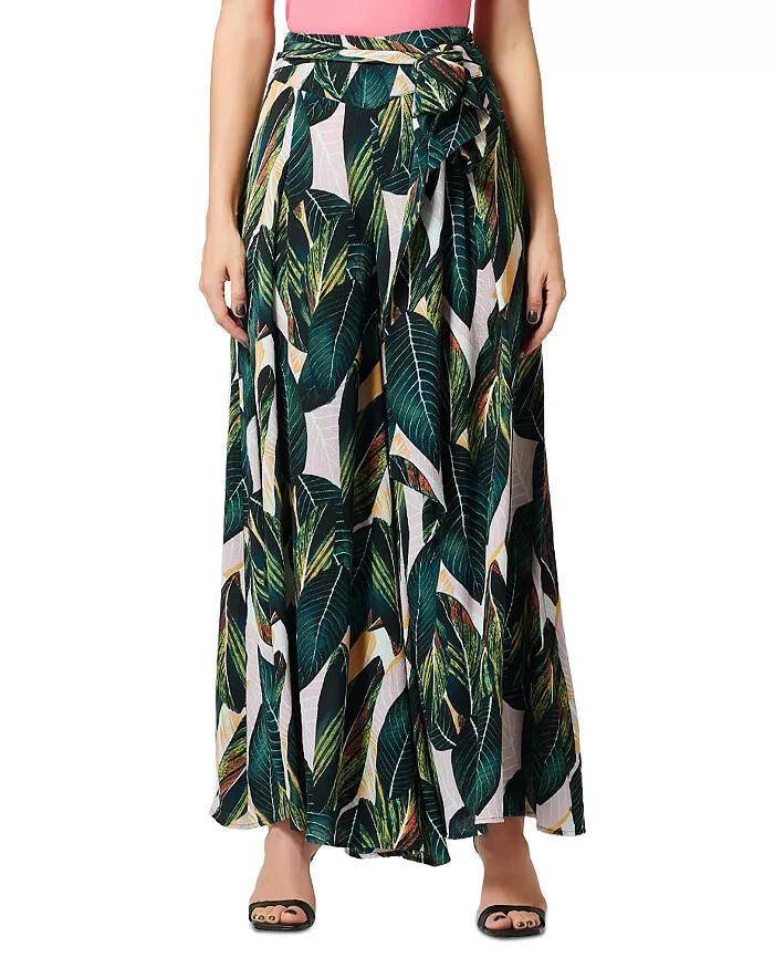 Gracia Printed Tie Waist Pleated Wide Leg Palazzo Pants Women's L Green Multi