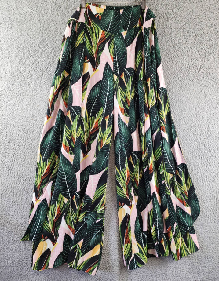 Gracia Printed Tie Waist Pleated Wide Leg Palazzo Pants Women's L Green Multi