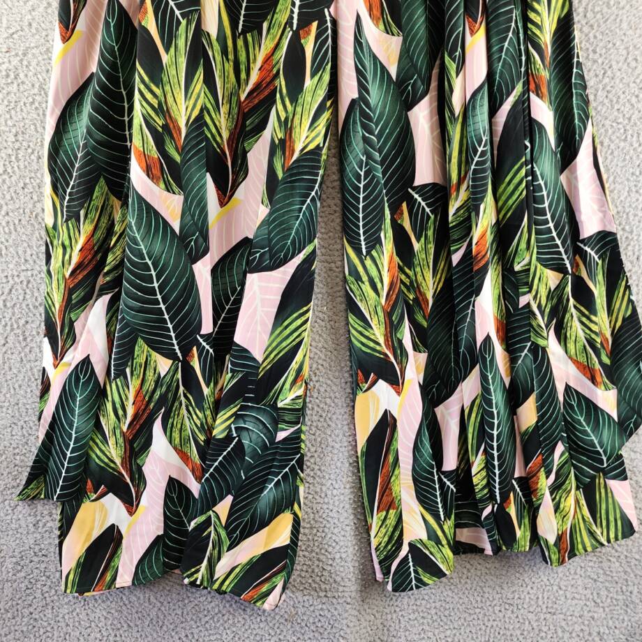 Gracia Printed Tie Waist Pleated Wide Leg Palazzo Pants Women's L Green Multi