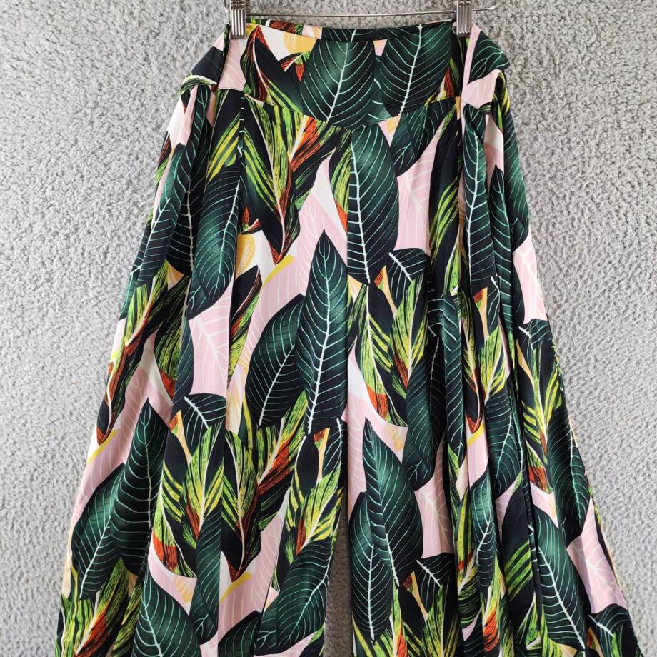 Gracia Printed Tie Waist Pleated Wide Leg Palazzo Pants Women's L Green Multi