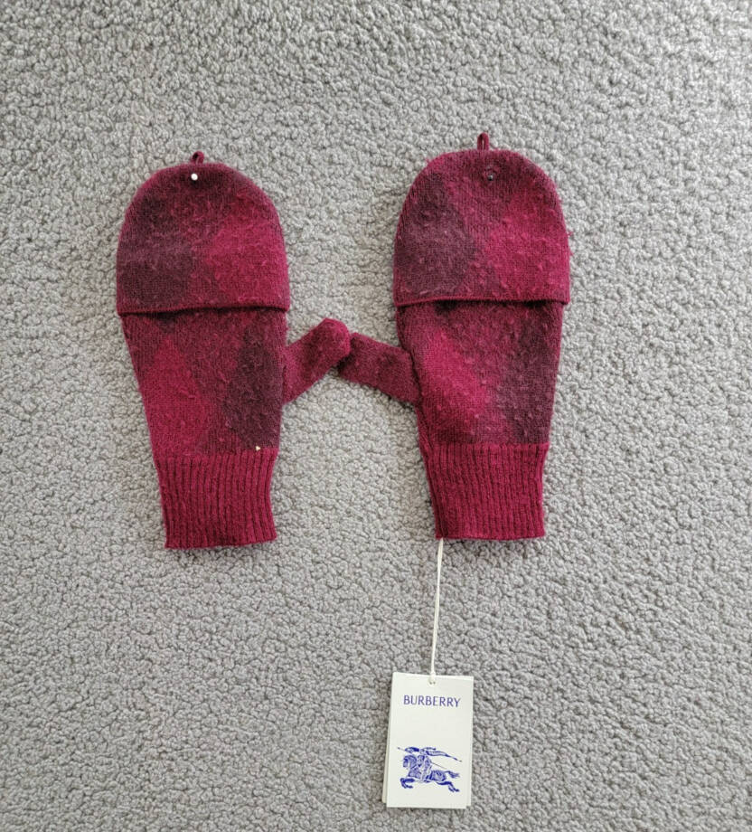 Burberry Wool Check Ribbed Fingerless Gloves Women's S/M Ripple & Plum