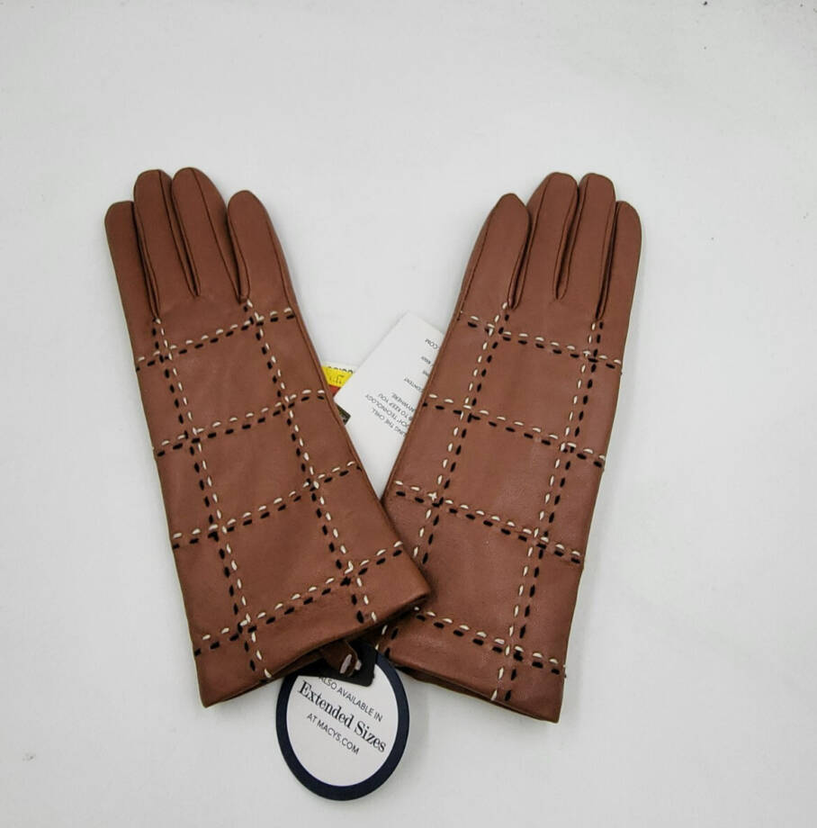 Charter Club Plaid Topstitch Leather Gloves Women's XS Saddle Slip On