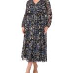 MSK Plus Size Printed Chiffon Faux-Wrap Maxi Dress Women's 2X Rich Black L/S