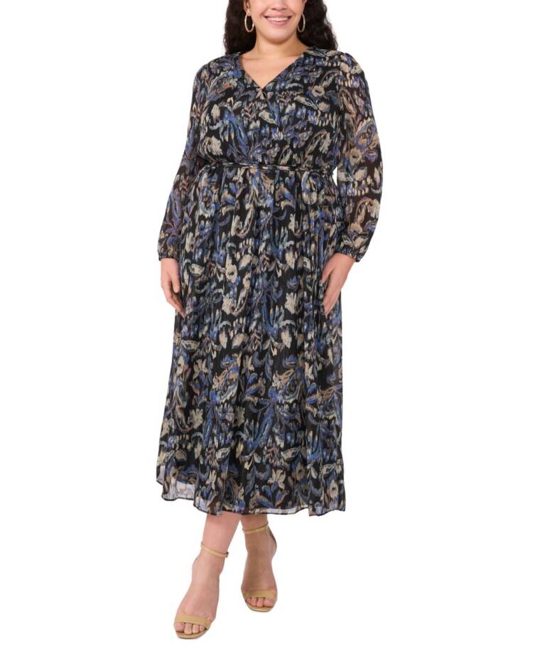 MSK Plus Size Printed Chiffon Faux-Wrap Maxi Dress Women's 2X Rich Black L/S