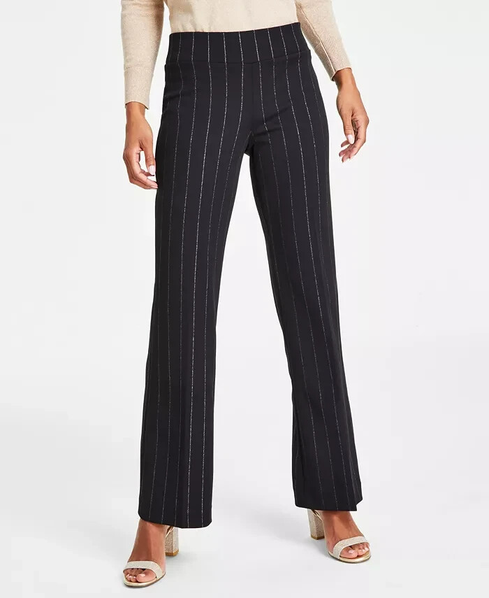 Anne Klein Pinstriped Compression Pull-On Wide-Leg Pants Womens XXL Black/Silver