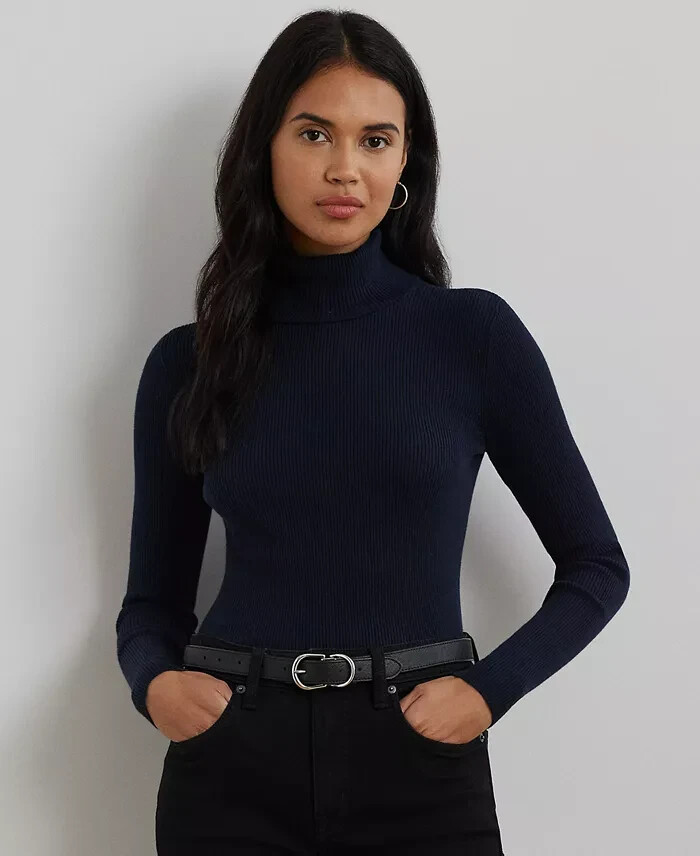 Lauren Ralph Lauren Petite Ribbed Turtleneck Sweater Womens PXS Navy Long Sleeve